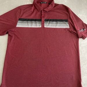 Travis Mathew Mens Golf Polo Shirt Size XL Burgundy Stripes Bayonet Black Horse